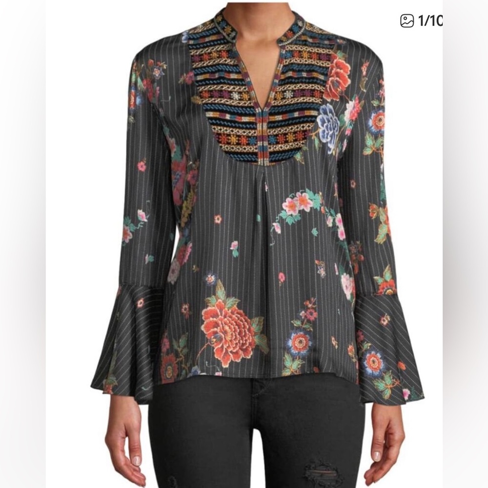 Black and Multicolored Graphic Bell Sleeve Blouse
